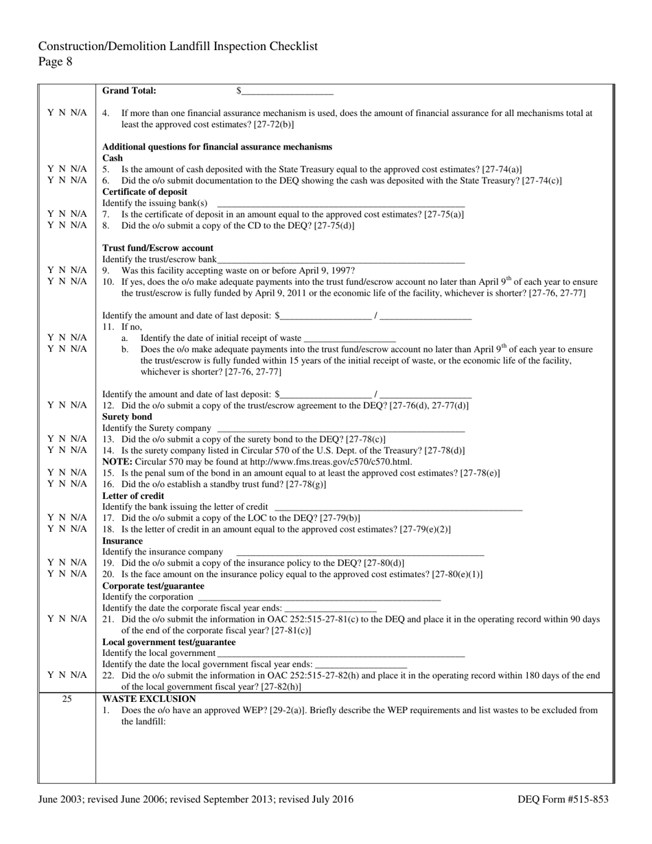 DEQ Form 515-853 Construction / Demolition Landfill Inspection Checklist - Oklahoma, Page 8