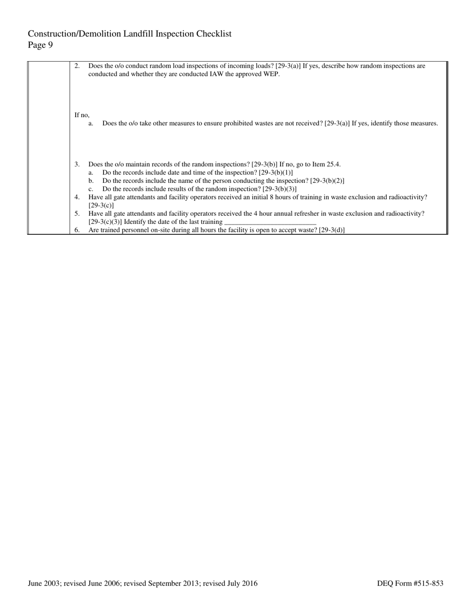 DEQ Form 515-853 Construction / Demolition Landfill Inspection Checklist - Oklahoma, Page 9