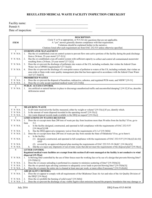 DEQ Form 515-841M Regulated Medical Waste Facility Inspection Checklist - Oklahoma