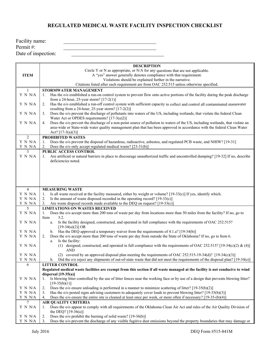 DEQ Form 515-841M Regulated Medical Waste Facility Inspection Checklist - Oklahoma, Page 1