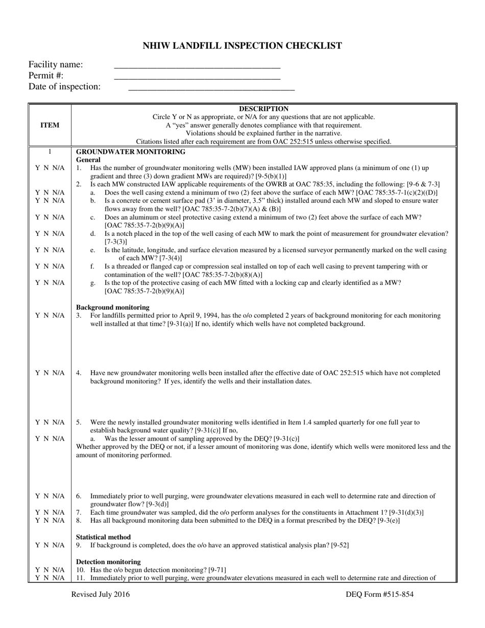 DEQ Form 515-854 Nhiw Landfill Inspection Checklist - Oklahoma, Page 1