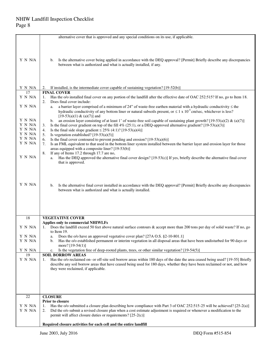 DEQ Form 515-854 Nhiw Landfill Inspection Checklist - Oklahoma, Page 8