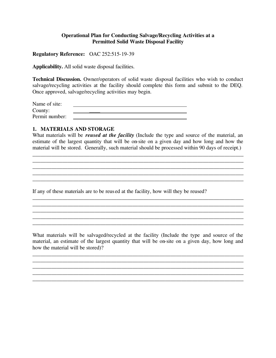 Operational Plan for Conducting Salvage / Recycling Activities at a Permitted Solid Waste Disposal Facility - Oklahoma, Page 1