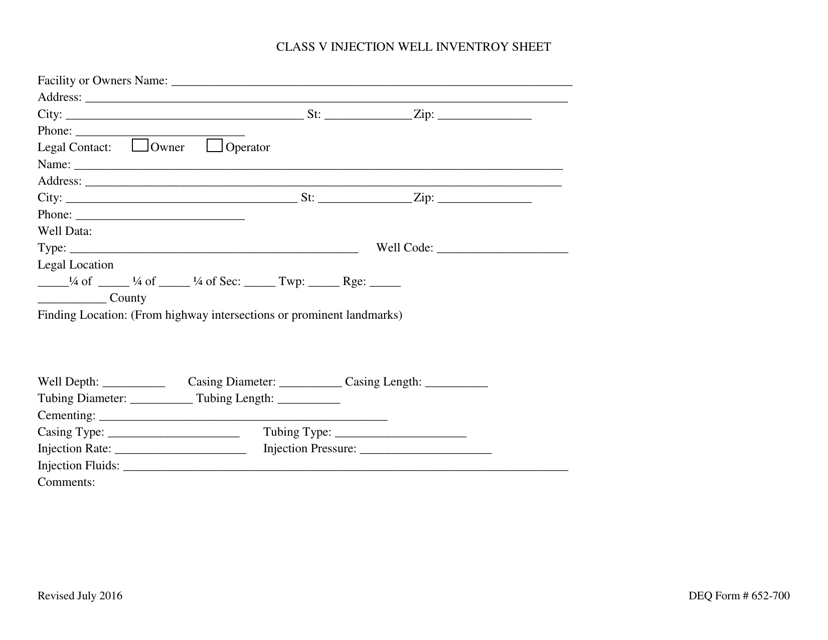 DEQ Form 652-700 Class V Injection Well Inventroy Sheet - Oklahoma