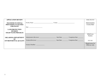Document preview: DEQ Form 515-101 Transfer Station & Processing Facilities Checklist - Oklahoma