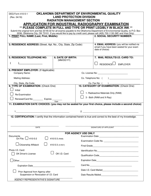 DEQ Form 410-5-1 Application for Industrial Radiography Examination - Oklahoma