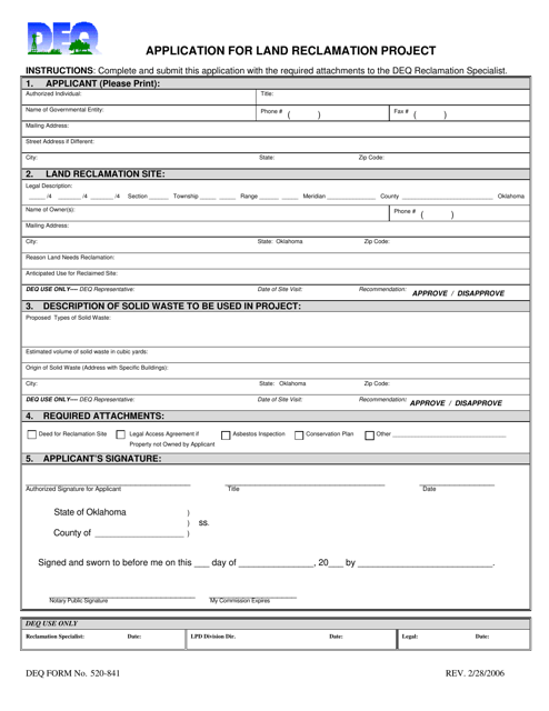 DEQ Form 520-841 Application for Land Reclamation Project - Oklahoma