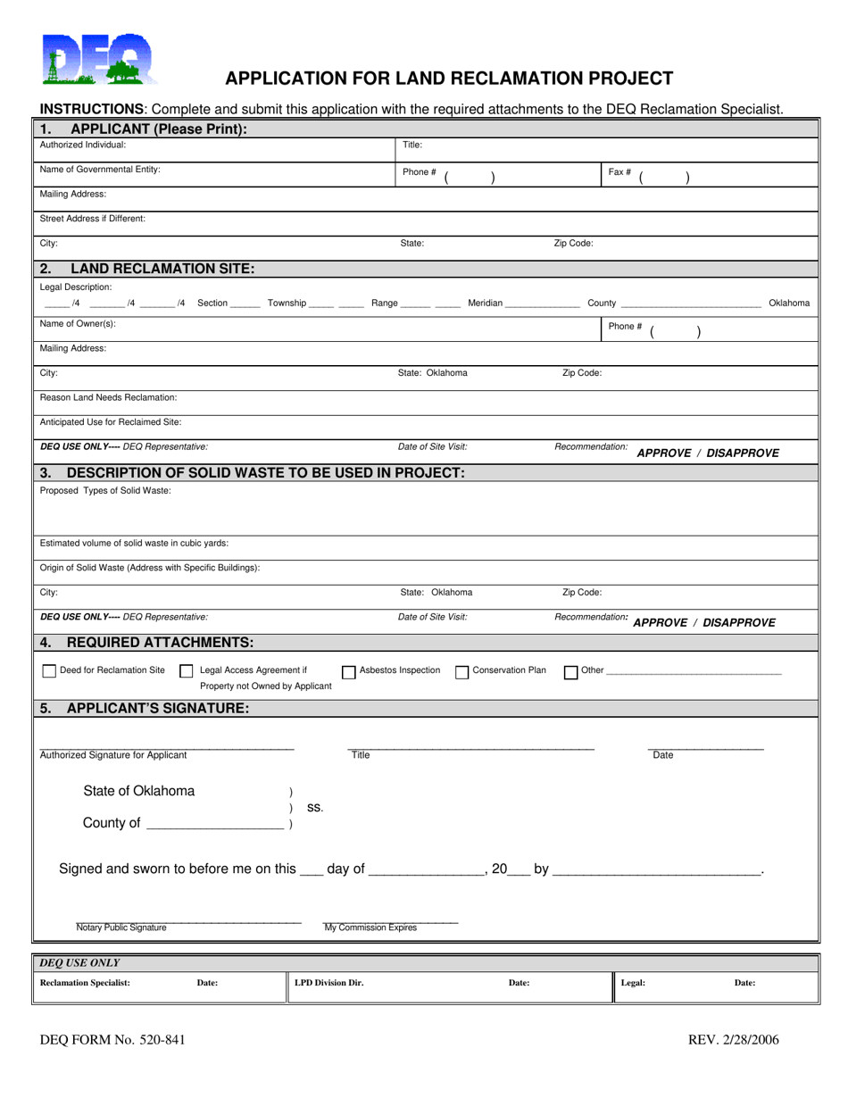 DEQ Form 520-841 Application for Land Reclamation Project - Oklahoma, Page 1