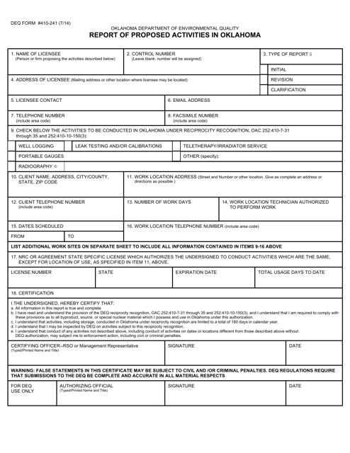 DEQ Form 410-241 Report of Proposed Activities in Oklahoma - Oklahoma