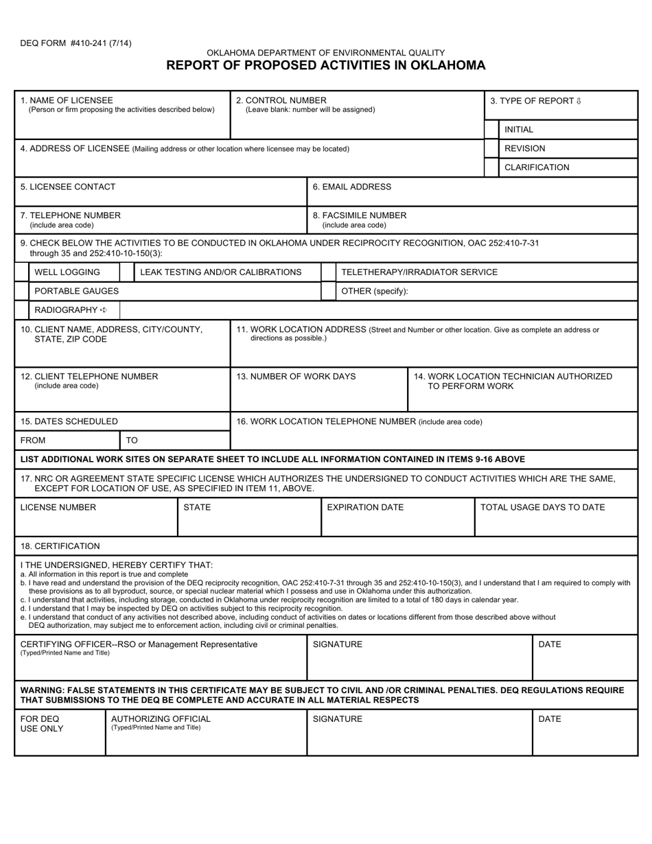 DEQ Form 410-241 Report of Proposed Activities in Oklahoma - Oklahoma, Page 1