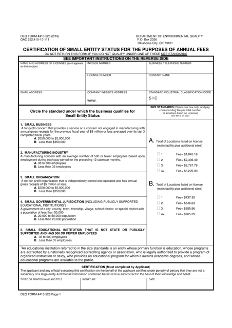 DEQ Form 410-526  Printable Pdf