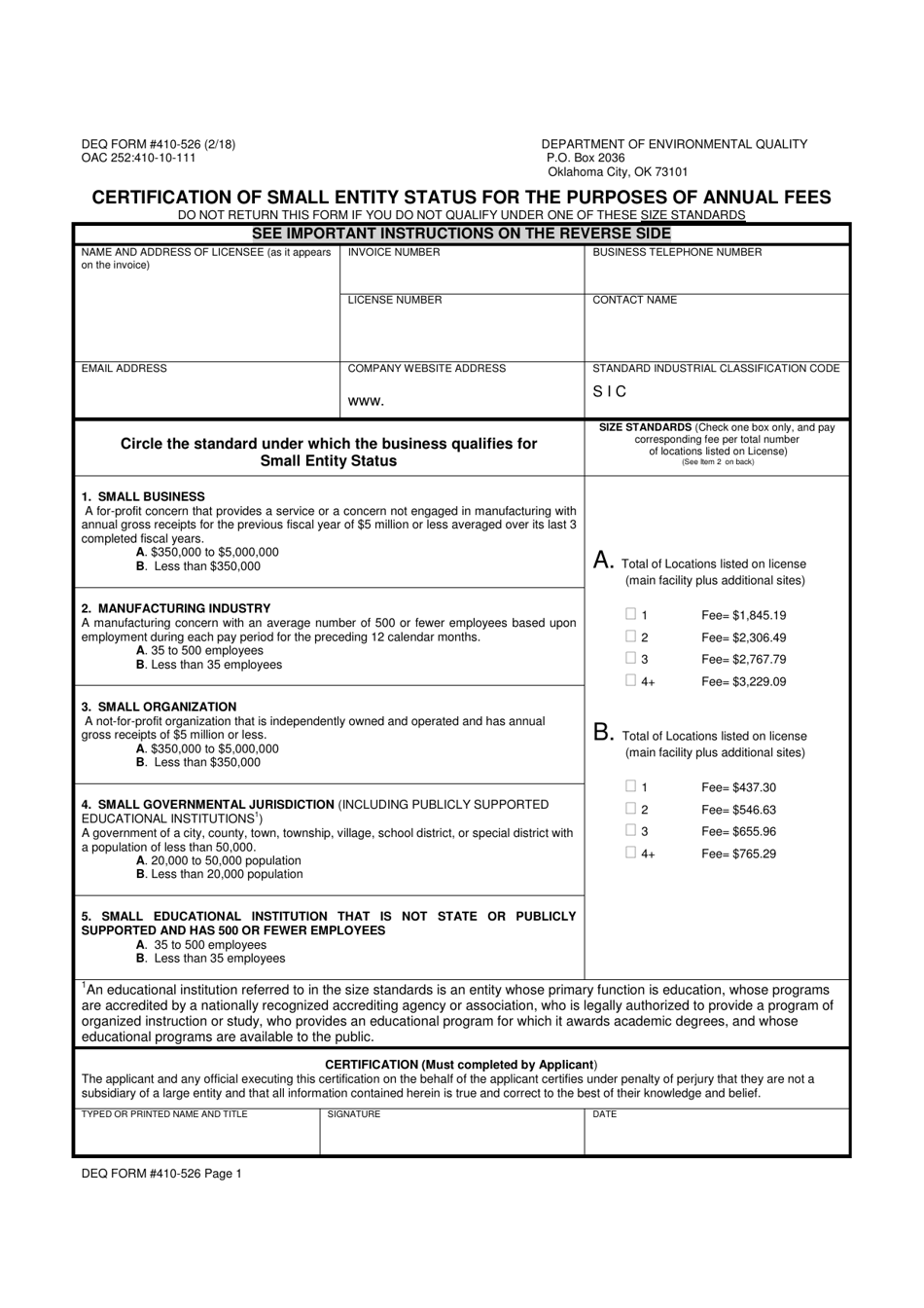 DEQ Form 410-526 Certification of Small Entity Status for the Purposes of Annual Fees - Oklahoma, Page 1