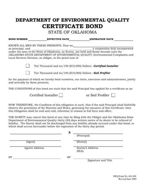 DEQ Form 641-001 Certificate Bond - Oklahoma
