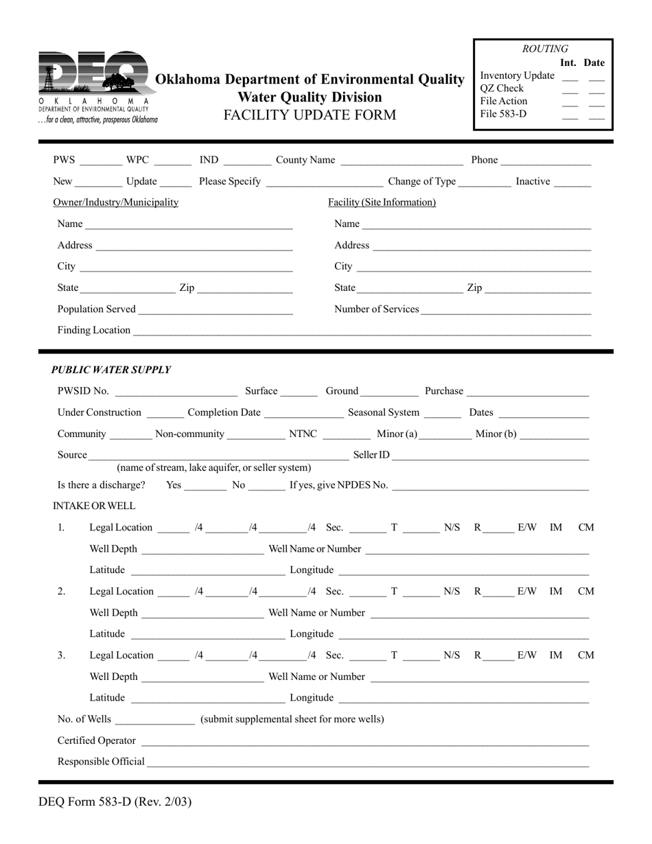 DEQ Form 583-D Facility Update Form - Oklahoma, Page 1