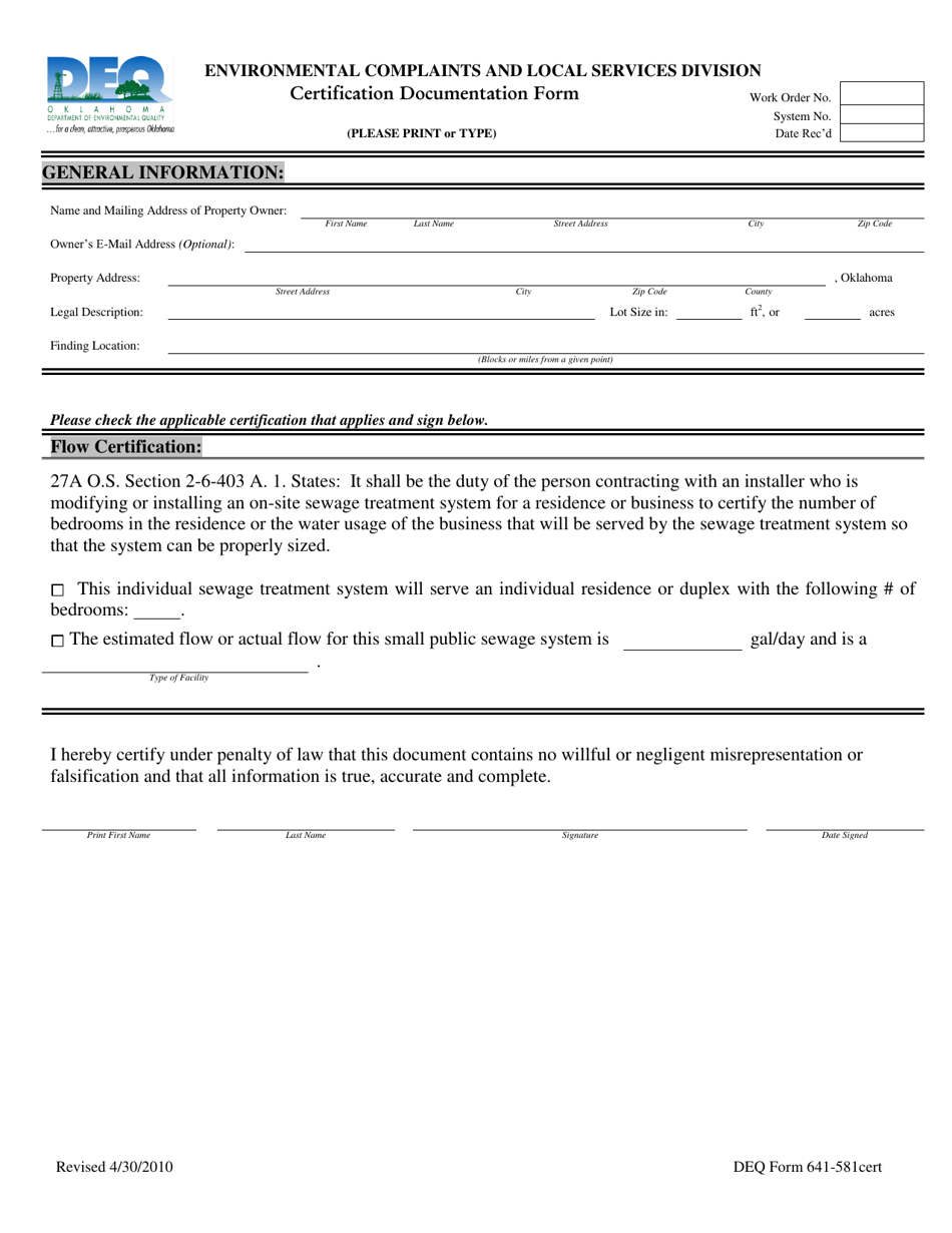 DEQ Form 641-581CERT Certification Documentation Form - Oklahoma, Page 1