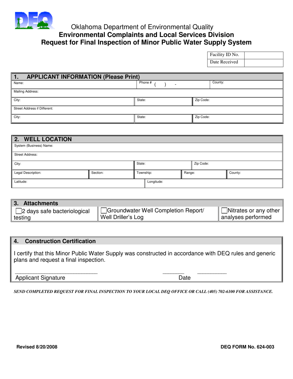 DEQ Form 624-003 Request for Final Inspection of Minor Public Water Supply System - Environmental Complaints and Local Services Division - Oklahoma, Page 1