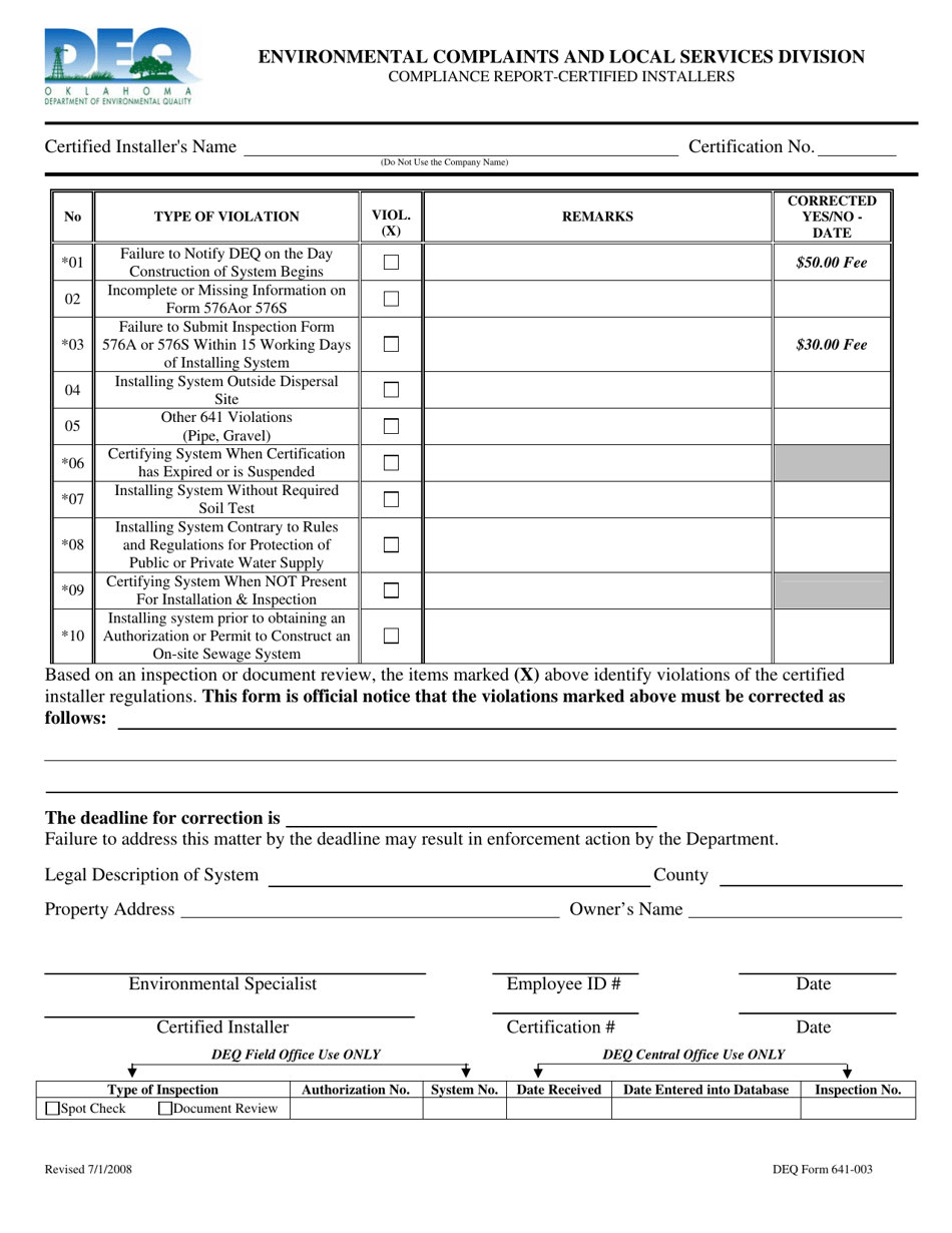 DEQ Form 641-003 Compliance Report-Certified Installers - Oklahoma, Page 1
