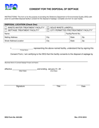 Document preview: DEQ Form 645-004 Consent for the Disposal of Septage - Oklahoma