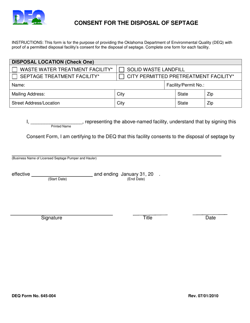 DEQ Form 645-004 Consent for the Disposal of Septage - Oklahoma, Page 1