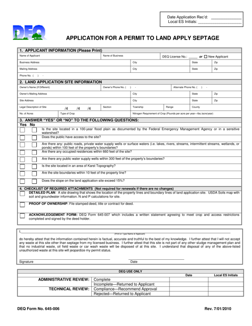 DEQ Form 645-006 Application for a Permit to Land Apply Septage - Oklahoma