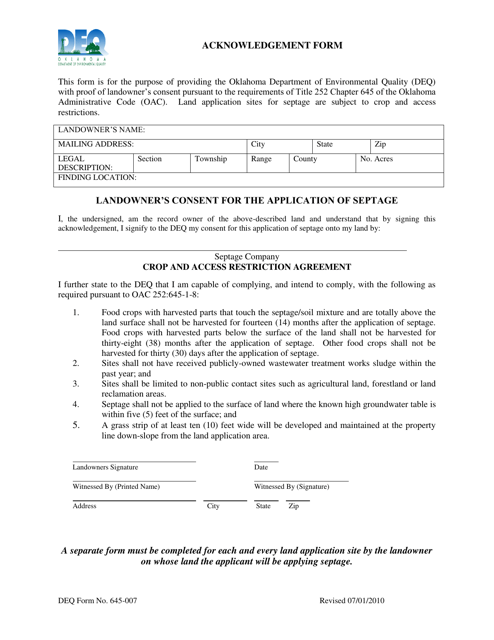 DEQ Form 645-007 Acknowledgement Form - Oklahoma