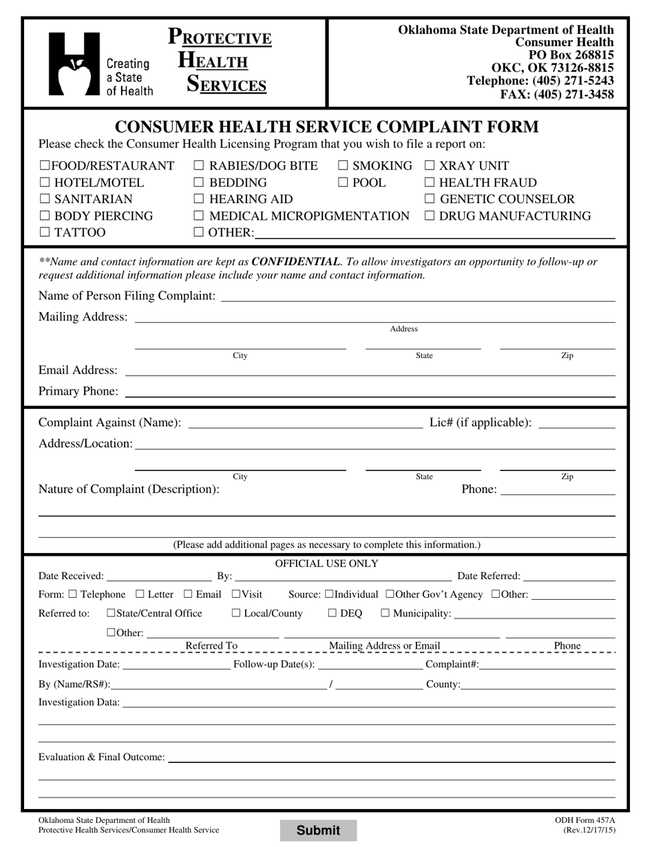 ODH Form 457A Fill Out, Sign Online and Download Fillable PDF
