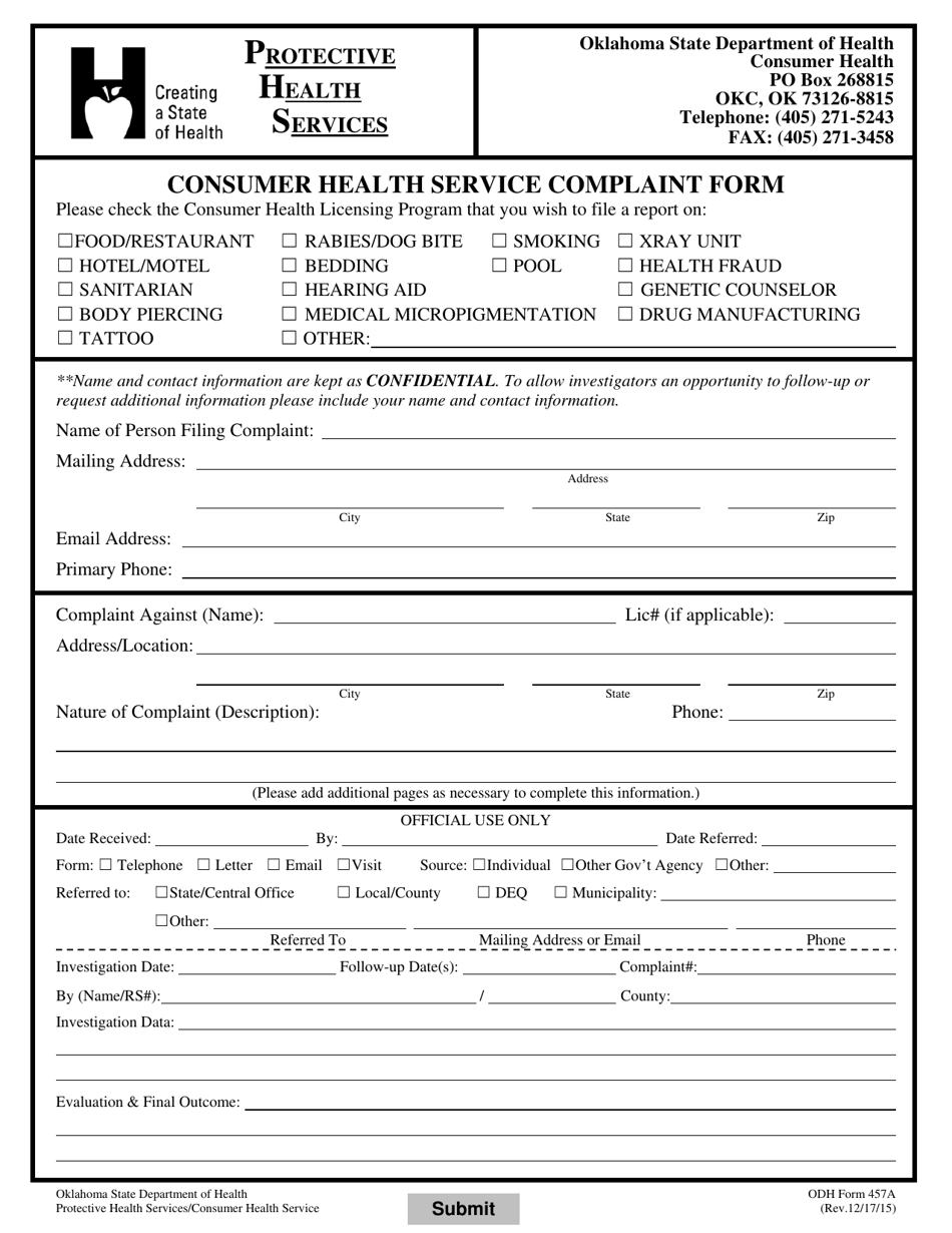 ODH Form 457A Consumer Health Service Complaint Form - Oklahoma, Page 1