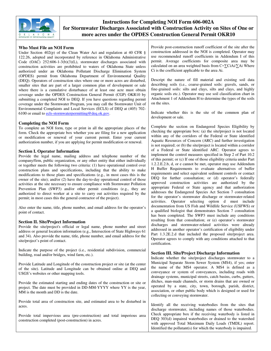 DEQ Form 606-002A Notice of Intent (Noi) for Stormwater Discharges Associated With Construction Activity Under the Opdes Construction General Permit Okr10 - Oklahoma, Page 3