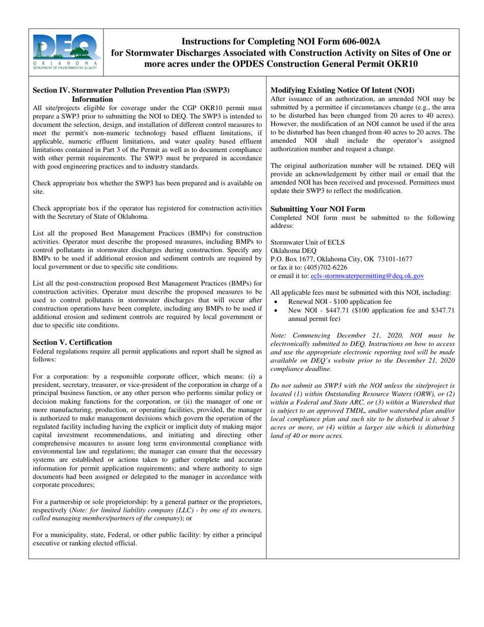DEQ Form 606-002A Notice of Intent (Noi) for Stormwater Discharges Associated With Construction Activity Under the Opdes Construction General Permit Okr10 - Oklahoma, Page 4