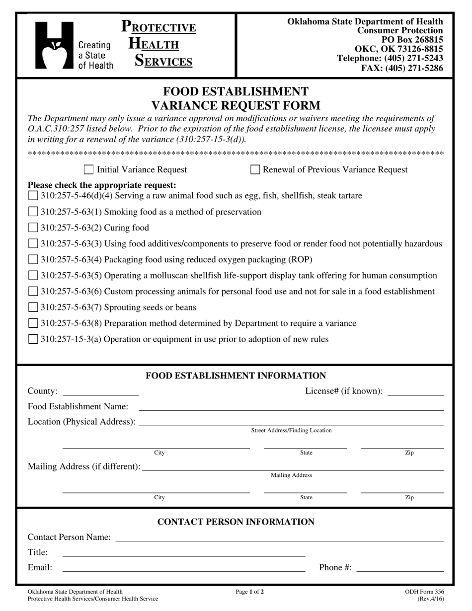 Ridoh Variance Form.pdf ODH Form 356 - Fill Out, Sign Online and Download Fillable PDF ...