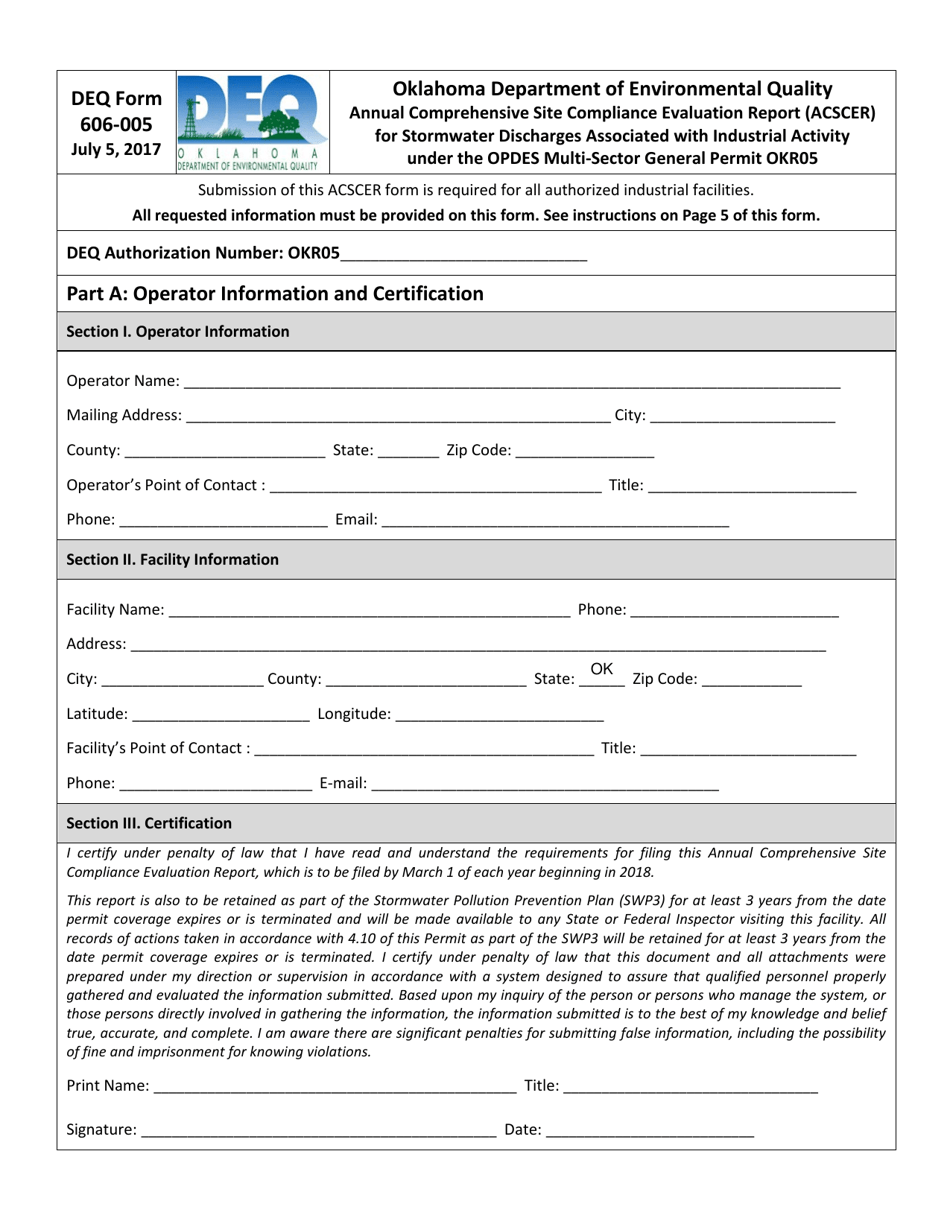 DEQ Form 606-005 Annual Comprehensive Site Comliance Evaluation Report (Acscer) for Stormwater Discharges Associated With Industrial Activity Under the Opdes Multi-Sector General Permit Okr05 - Oklahoma, Page 1