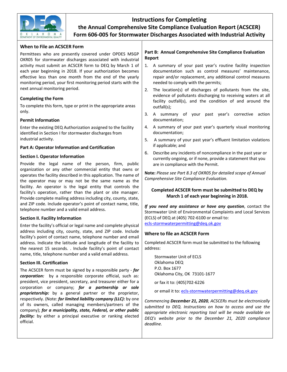 DEQ Form 606-005 Annual Comprehensive Site Comliance Evaluation Report (Acscer) for Stormwater Discharges Associated With Industrial Activity Under the Opdes Multi-Sector General Permit Okr05 - Oklahoma, Page 5