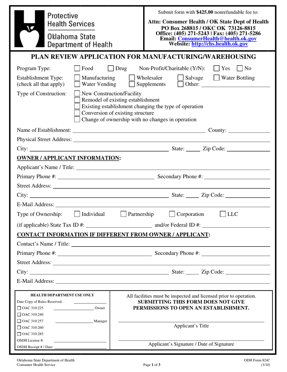 ODH Form 824C Plan Review Application for Manufacturing / Warehousing - Oklahoma, Page 1