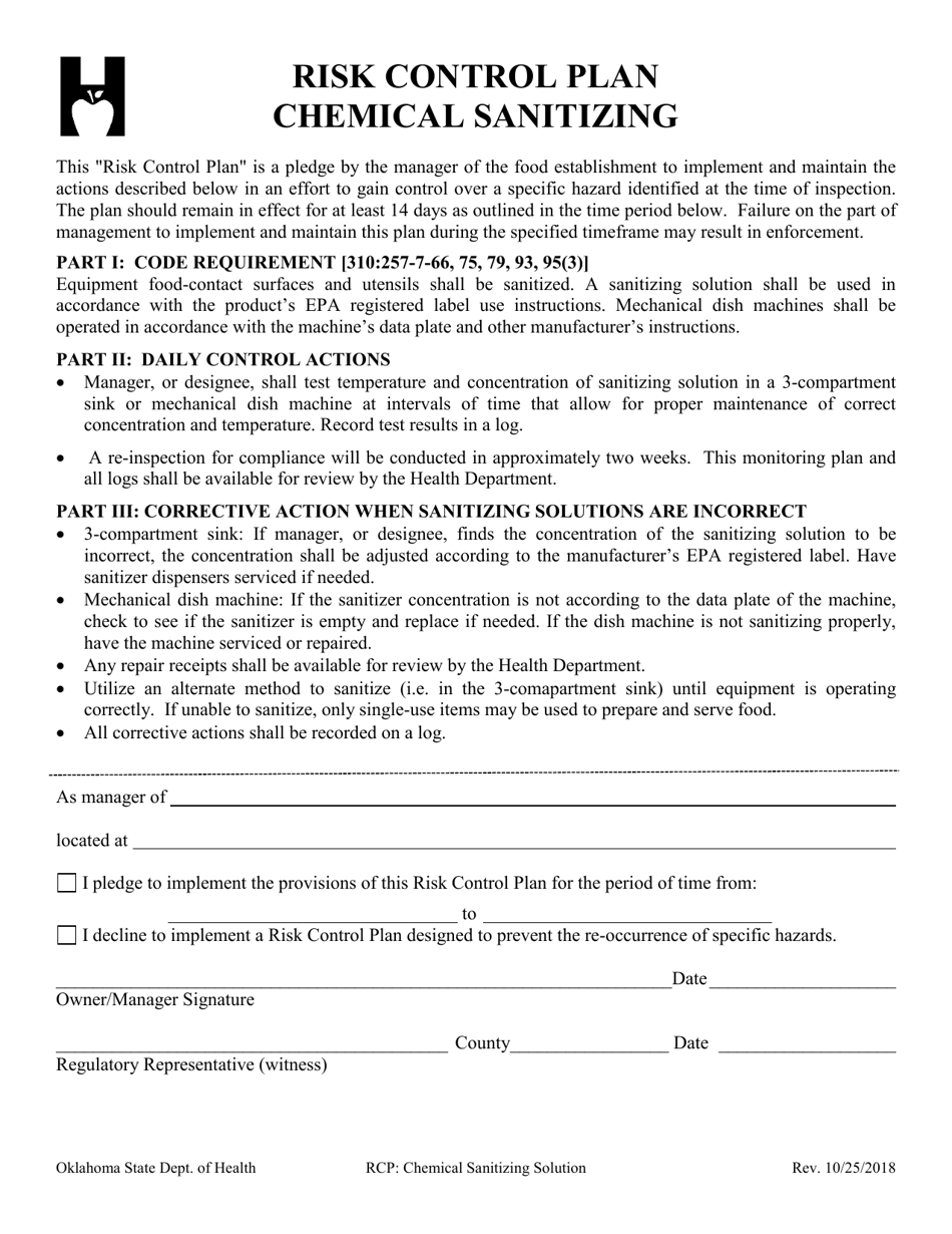 Risk Control Plan - Chemical Sanitizing - Oklahoma, Page 1