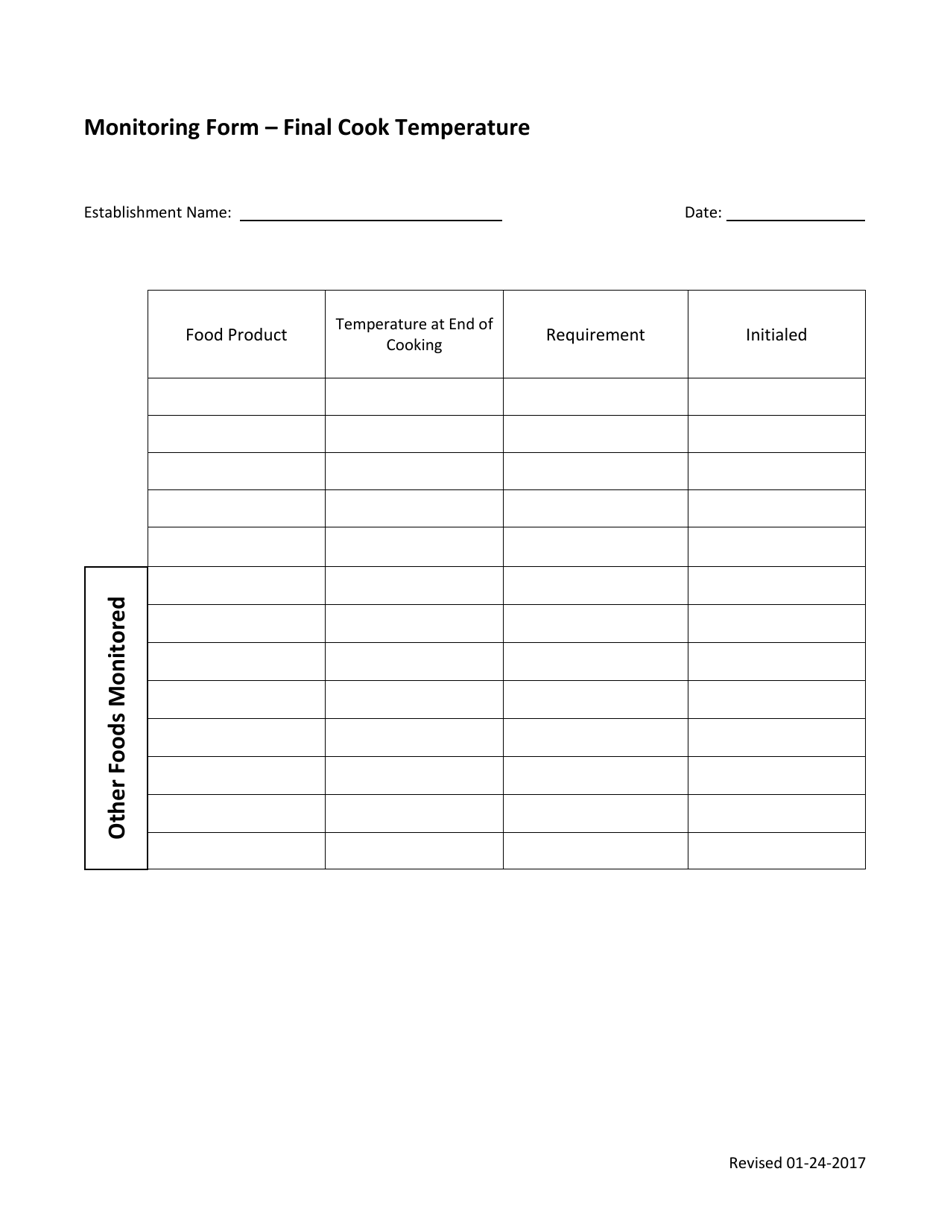 Monitoring Form - Final Cook Temperature - Oklahoma, Page 1