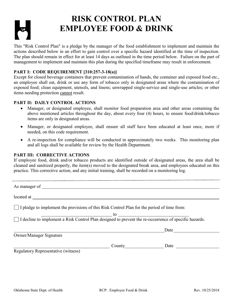 Risk Control Plan - Employee Food  Drink - Oklahoma, Page 1