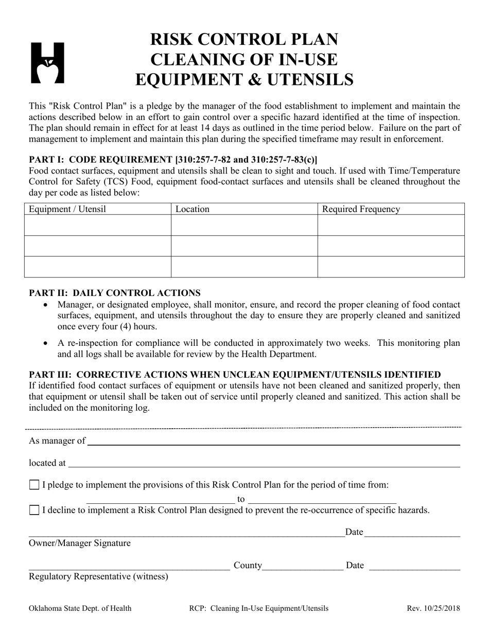 Risk Control Plan - Cleaning of in-Use Equipment  Utensils - Oklahoma, Page 1