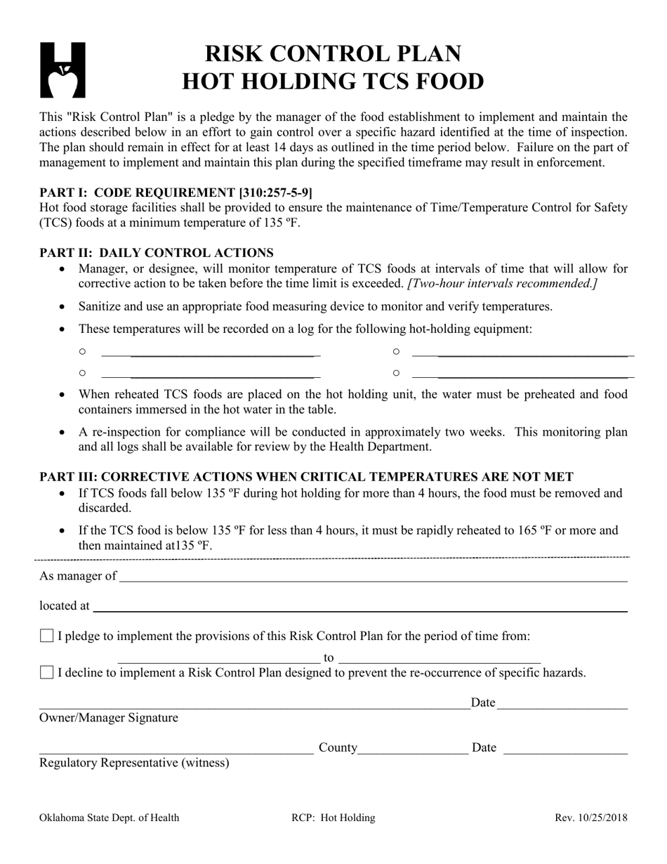 Oklahoma Risk Control Plan Hot Holding Tcs Food Fill Out, Sign
