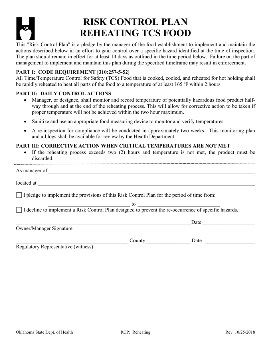 Risk Control Plan - Reheating Tcs Food - Oklahoma, Page 1