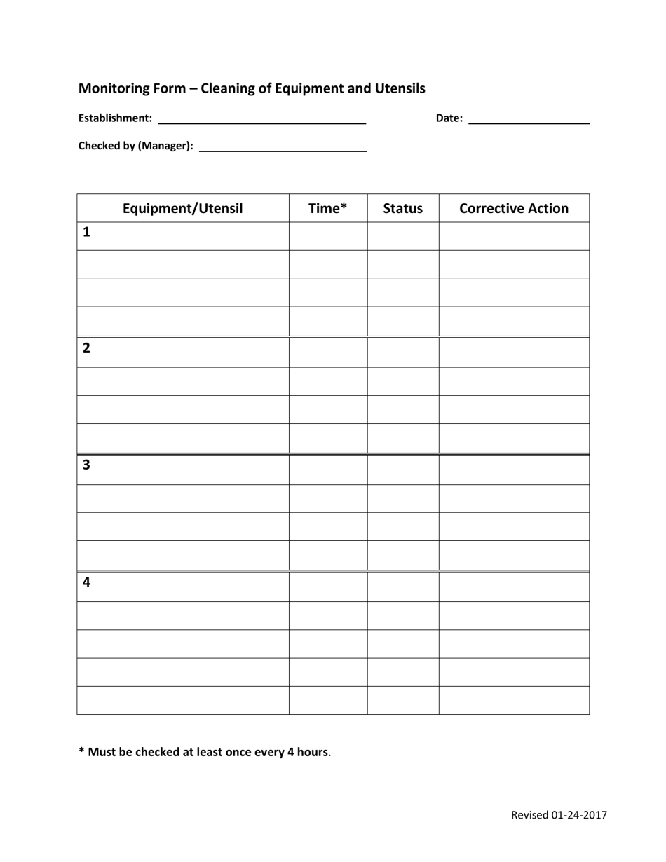 Monitoring Form - Cleaning of Equipment and Utensils - Oklahoma, Page 1