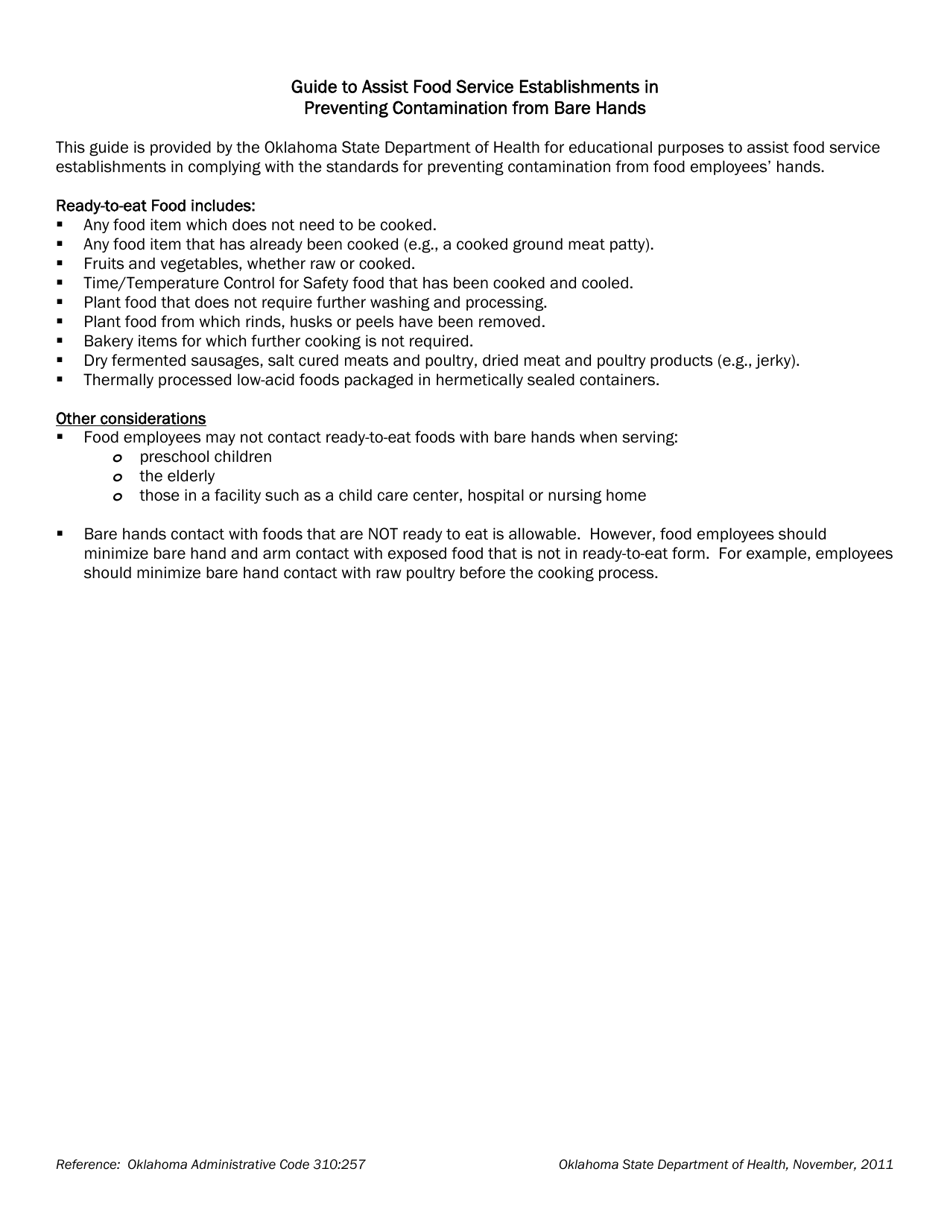 Guide to Assist Food Service Establishments in Preventing Contamination From Bare Hands - Oklahoma, Page 1