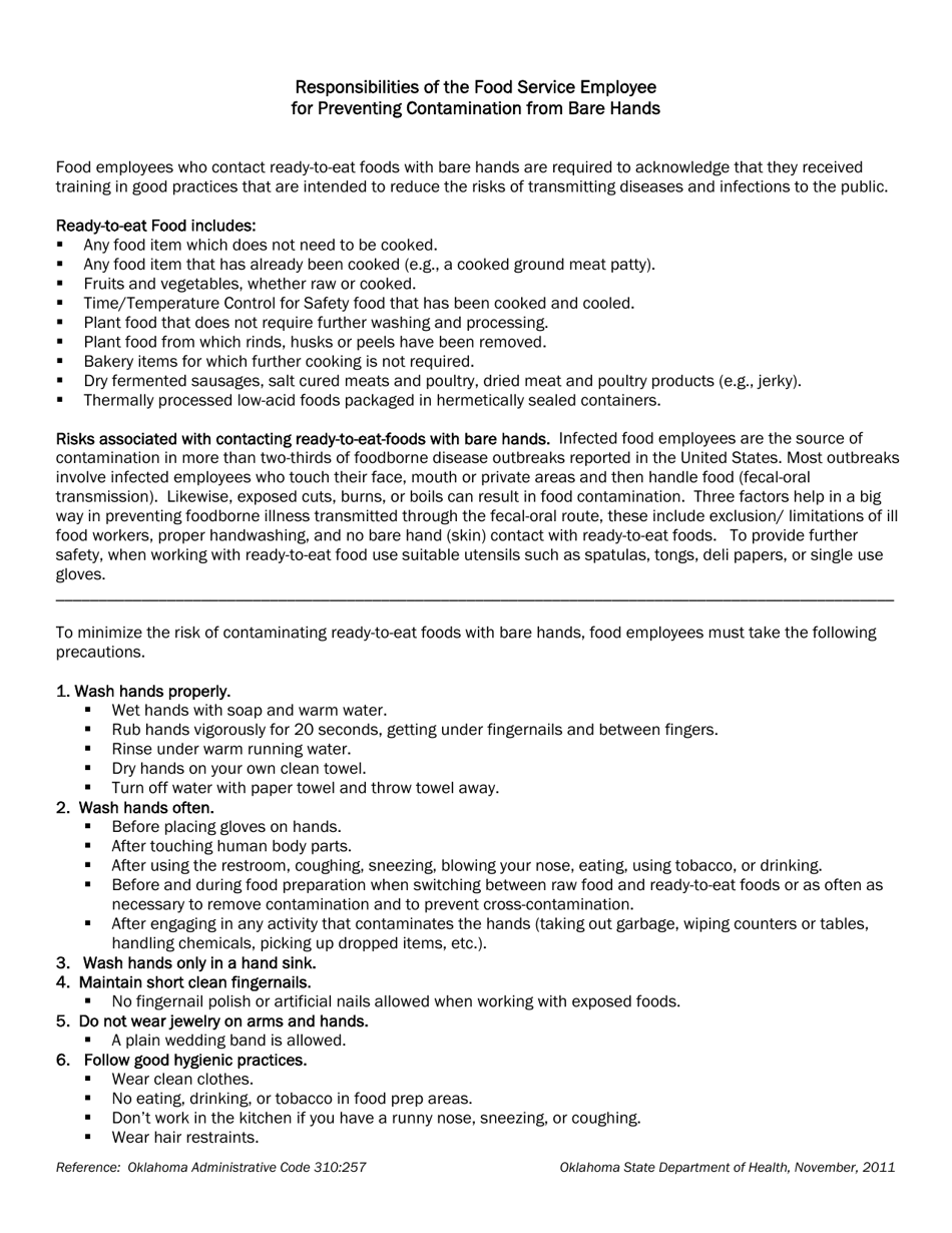 Guide to Assist Food Service Establishments in Preventing Contamination From Bare Hands - Oklahoma, Page 3