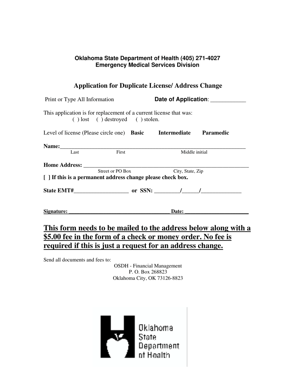 Application for Duplicate License / Address Change - Oklahoma, Page 1