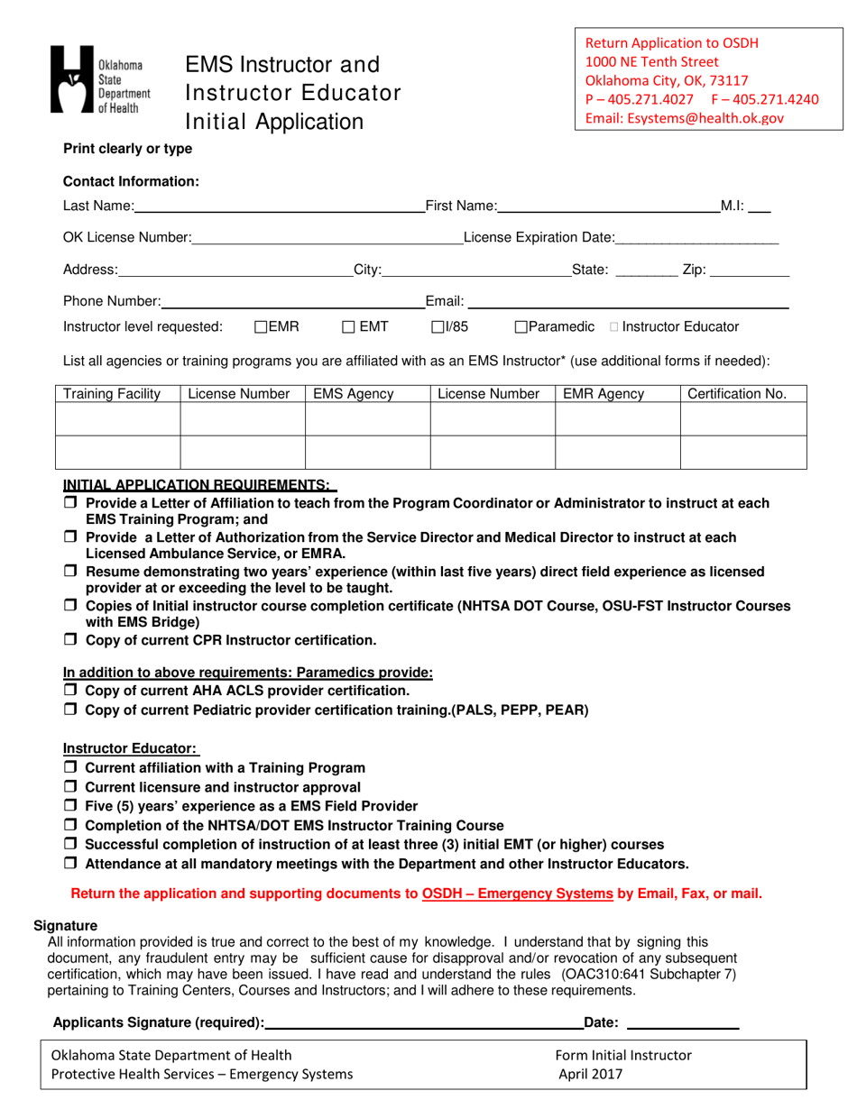 EMS Instructor and Instructor Educator Initial Application Form - Oklahoma, Page 1