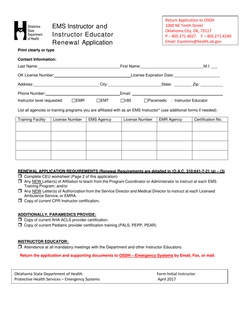 EMS Instructor and Instructor Educator Renewal Application Form - Oklahoma