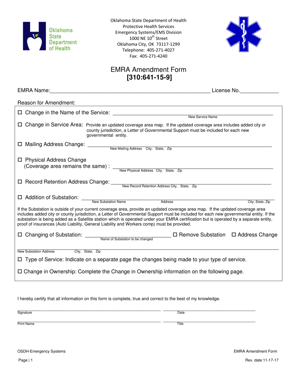 Emra Amendment Form - Oklahoma, Page 1
