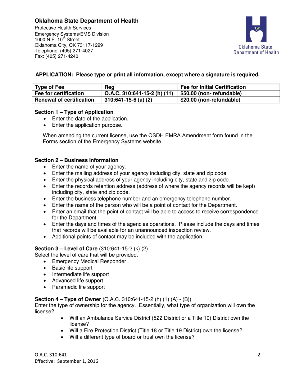 Instructions for the Completion of Oklahomas Pre-hospital Emergency Medical Response Agency Initial Application Forms - Oklahoma, Page 2
