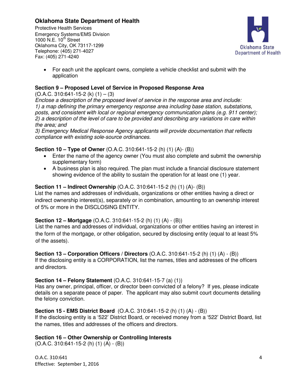 Instructions for the Completion of Oklahomas Pre-hospital Emergency Medical Response Agency Initial Application Forms - Oklahoma, Page 4