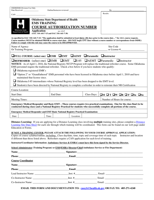 Course Authorization Number Application Form - EMS Training - Oklahoma