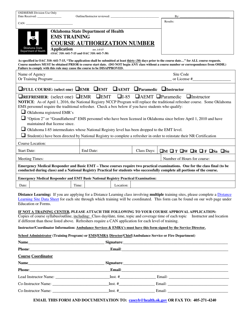 Course Authorization Number Application Form - EMS Training - Oklahoma, Page 1